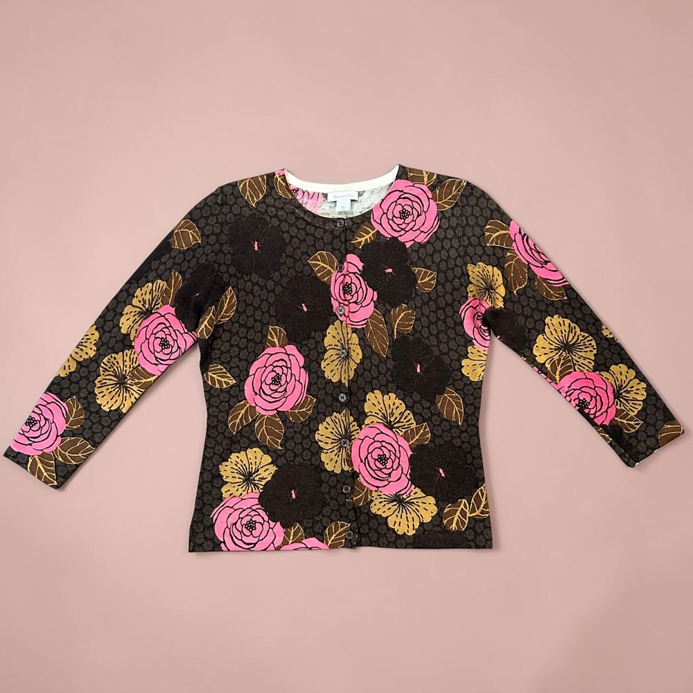 Garnet Hill Brown Pink Floral‎ 100% Merino Wool Button Front Cardigan Sweater S